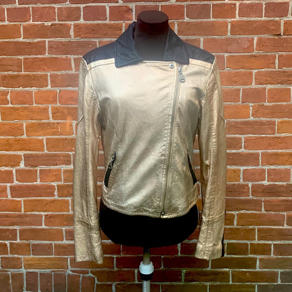 Doma Gold Black Leather Two-Tone Moto Jacket